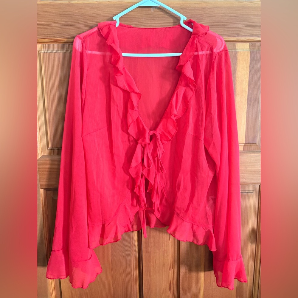 Women’s Sheer Red Tie Blouse